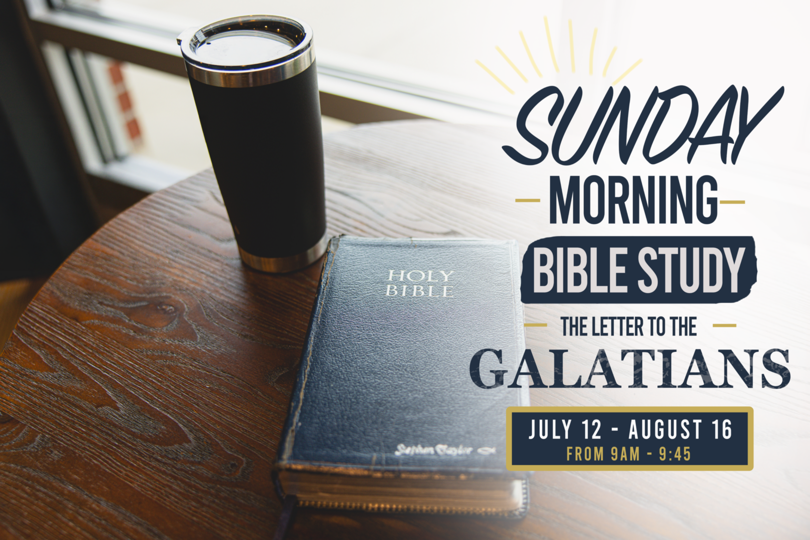 Bible and travel mug on wooden table